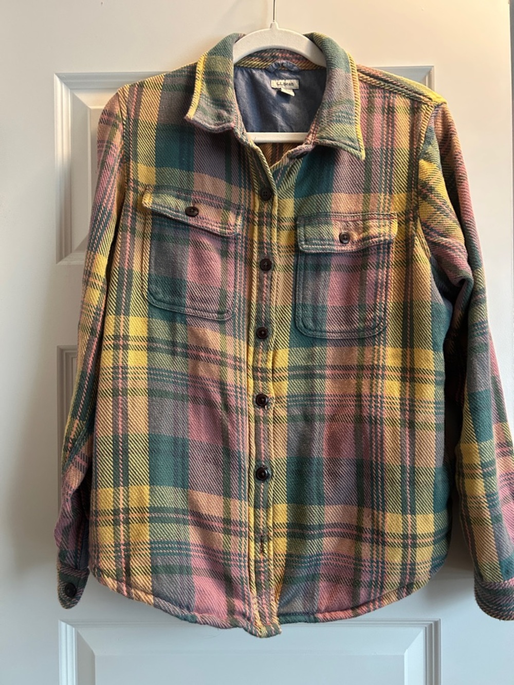 L.L. Bean Multicolor Plaid Shacket with Blue Chambray Lining